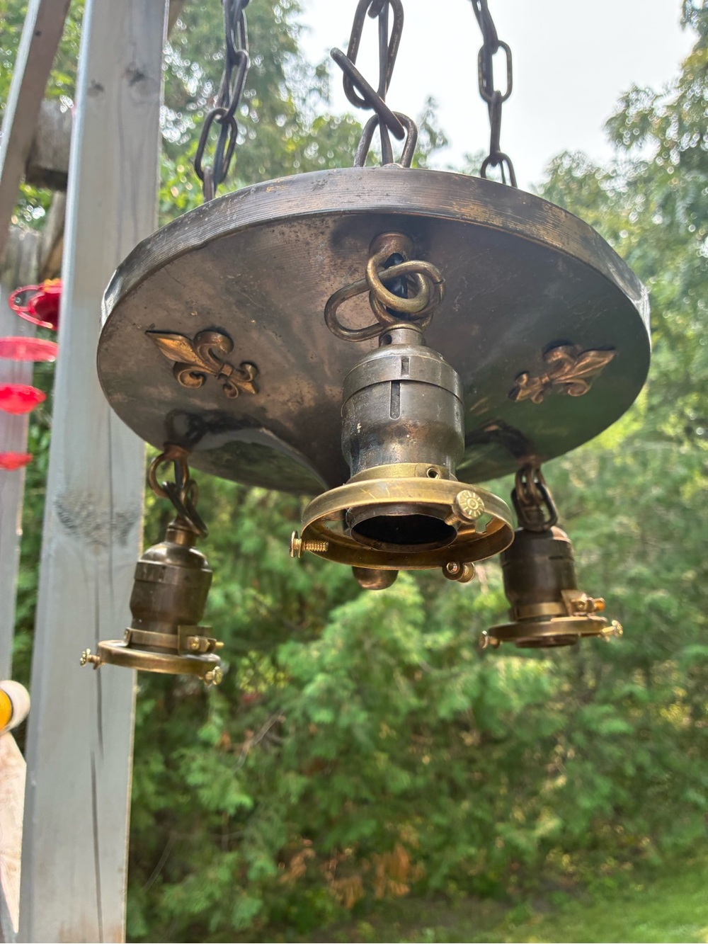 Antique Metal  French Fleur De Lys Three Light Chandelier